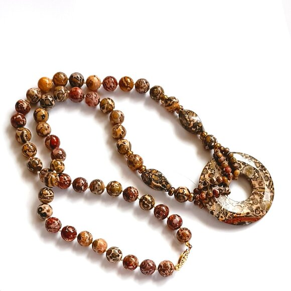 Knotted Jasper Bead Necklace 24" Gold Beads Large Disk Pendant Fish Hook Clasp - Picture 1 of 8